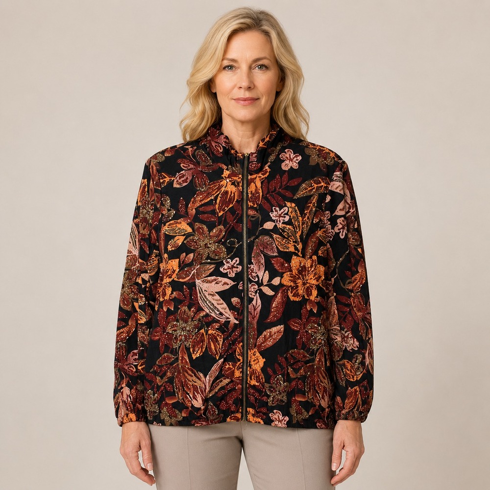 Blair Floral Zip Jacket Black Rust Autumn Lightweight Elastic Cuff Petite Large